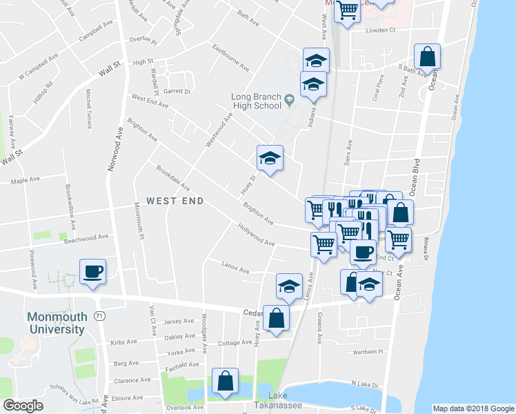 map of restaurants, bars, coffee shops, grocery stores, and more near 245 Brighton Avenue in Long Branch