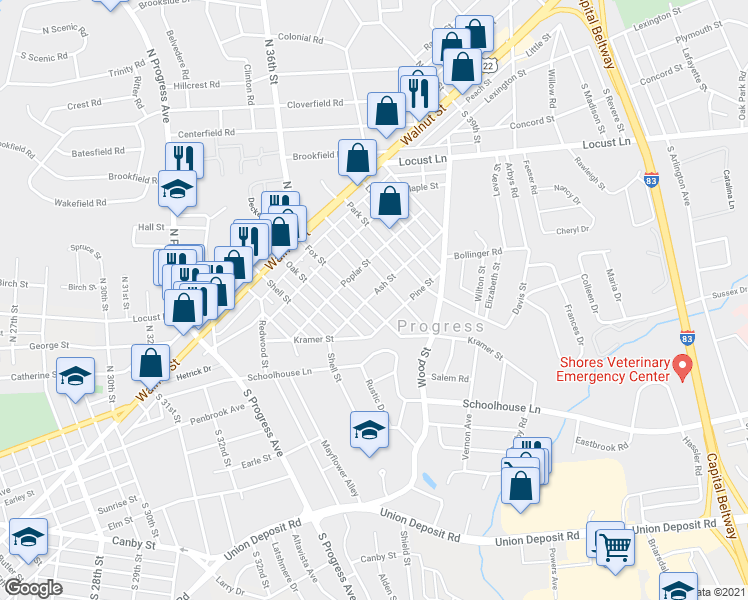 map of restaurants, bars, coffee shops, grocery stores, and more near 300 Fox Street in Harrisburg