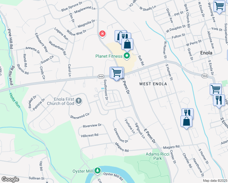map of restaurants, bars, coffee shops, grocery stores, and more near 142 Tory Circle in Enola