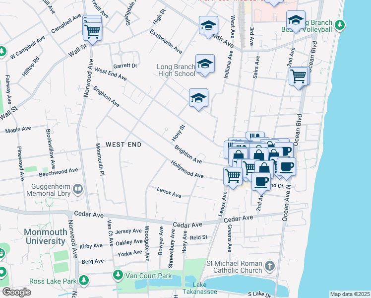 map of restaurants, bars, coffee shops, grocery stores, and more near 245 Brighton Avenue in Long Branch