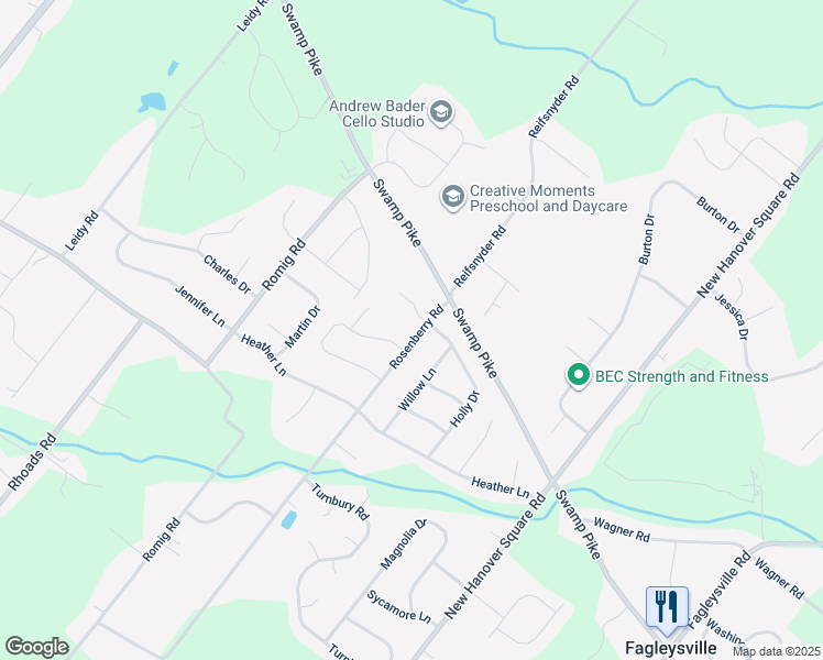 map of restaurants, bars, coffee shops, grocery stores, and more near 2611 Rosenberry Road in Gilbertsville