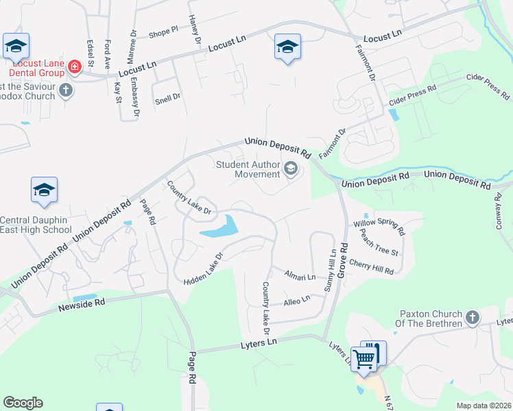 map of restaurants, bars, coffee shops, grocery stores, and more near 1031 Pond Ridge Drive in Harrisburg