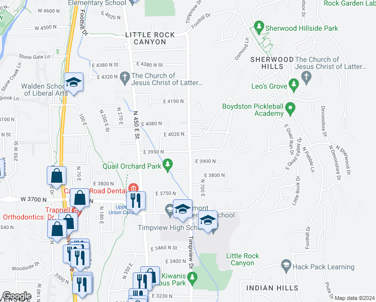 map of restaurants, bars, coffee shops, grocery stores, and more near 585 East 3950 North in Provo