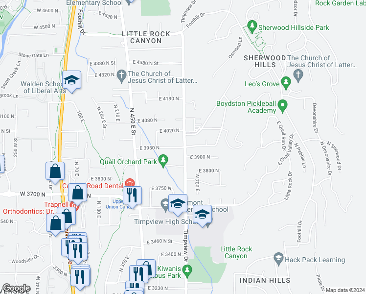 map of restaurants, bars, coffee shops, grocery stores, and more near East 3950 North in Provo