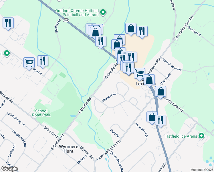 map of restaurants, bars, coffee shops, grocery stores, and more near 3311 East Orvilla Road in Hatfield