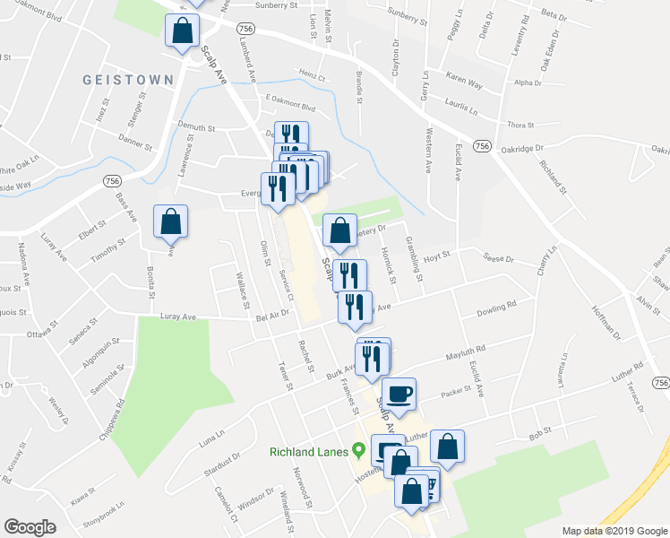 map of restaurants, bars, coffee shops, grocery stores, and more near 937 Old Scalp Avenue in Johnstown