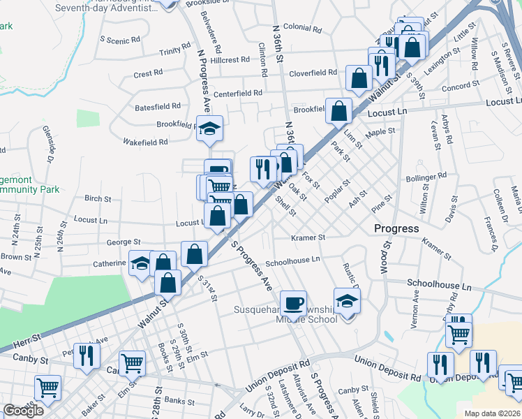map of restaurants, bars, coffee shops, grocery stores, and more near 3430 Old Orchard Road in Harrisburg