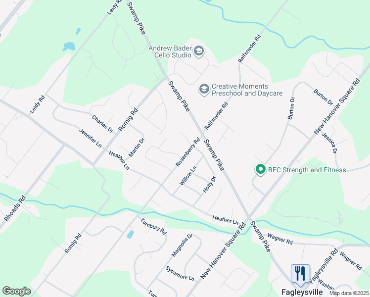 map of restaurants, bars, coffee shops, grocery stores, and more near 2611 Rosenberry Road in Gilbertsville