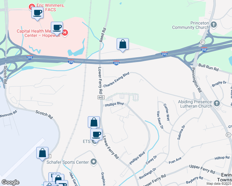 map of restaurants, bars, coffee shops, grocery stores, and more near 322 Timberlake Drive in Ewing Township