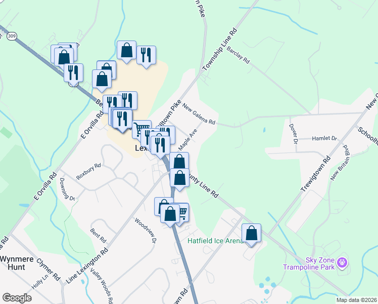 map of restaurants, bars, coffee shops, grocery stores, and more near 1 Maple Avenue in Line Lexington