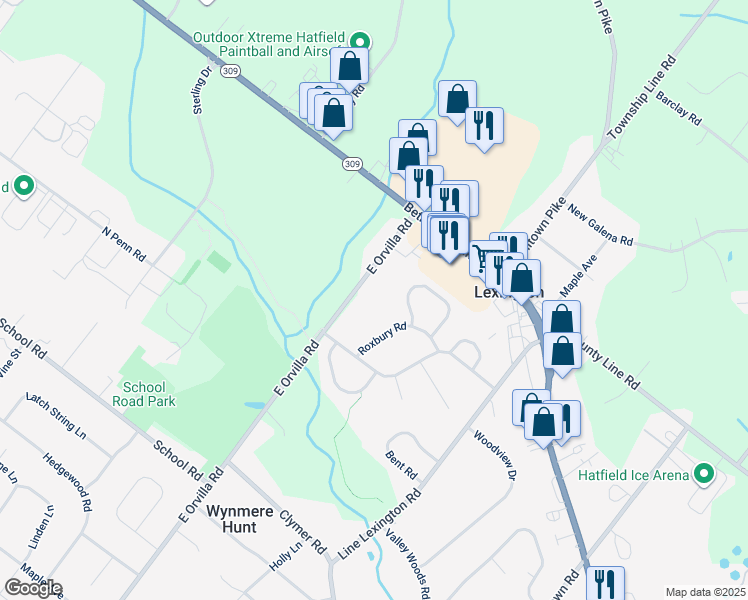 map of restaurants, bars, coffee shops, grocery stores, and more near 3311 East Orvilla Road in Hatfield