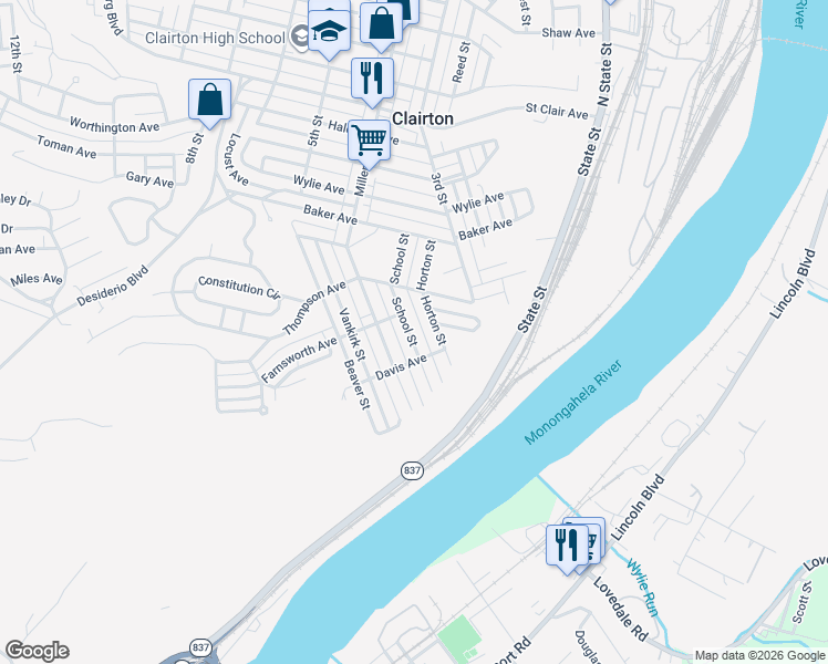 map of restaurants, bars, coffee shops, grocery stores, and more near 869 School Street in Clairton