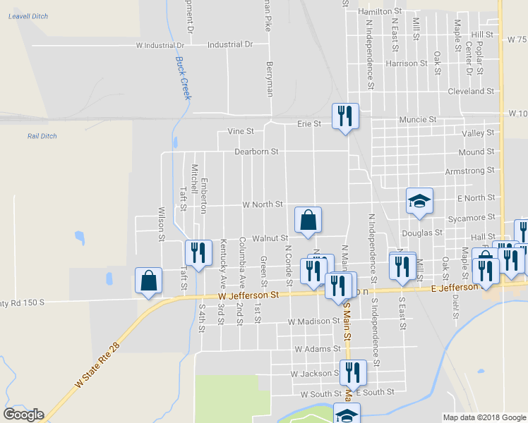 map of restaurants, bars, coffee shops, grocery stores, and more near 340 Green Street in Tipton
