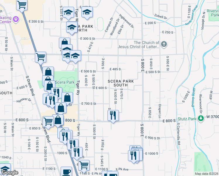 map of restaurants, bars, coffee shops, grocery stores, and more near 601 South 590 East in Orem