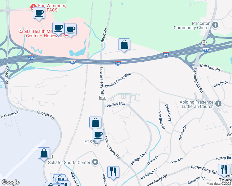 map of restaurants, bars, coffee shops, grocery stores, and more near 322 Timberlake Drive in Ewing Township
