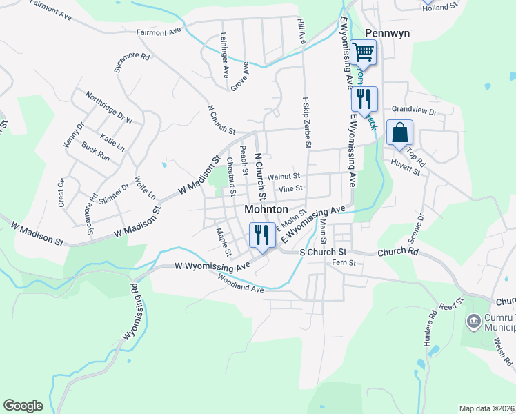 map of restaurants, bars, coffee shops, grocery stores, and more near 7 School Lane in Mohnton