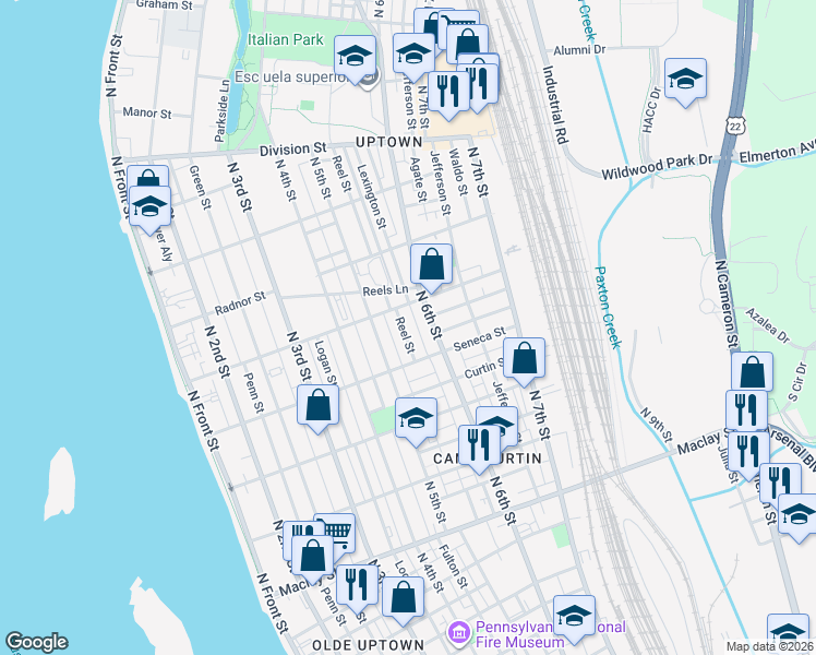 map of restaurants, bars, coffee shops, grocery stores, and more near 2422 Reel Street in Harrisburg