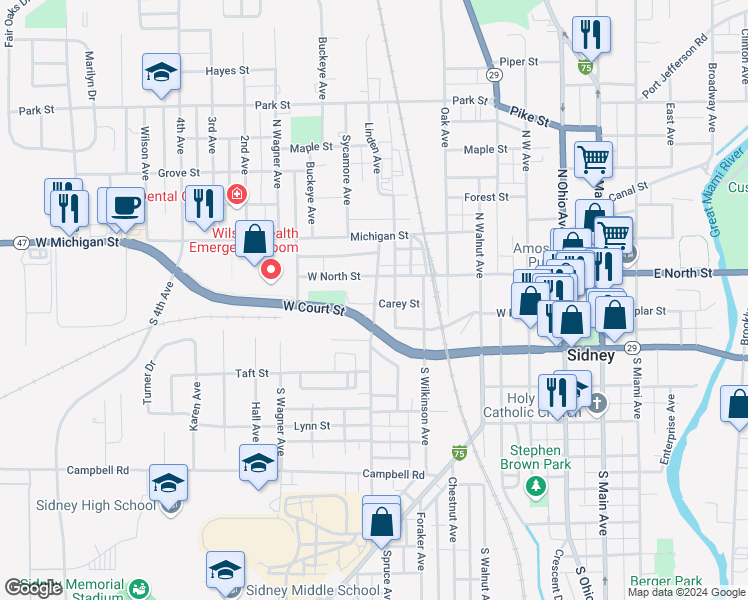 map of restaurants, bars, coffee shops, grocery stores, and more near 109 North Highland Avenue in Sidney