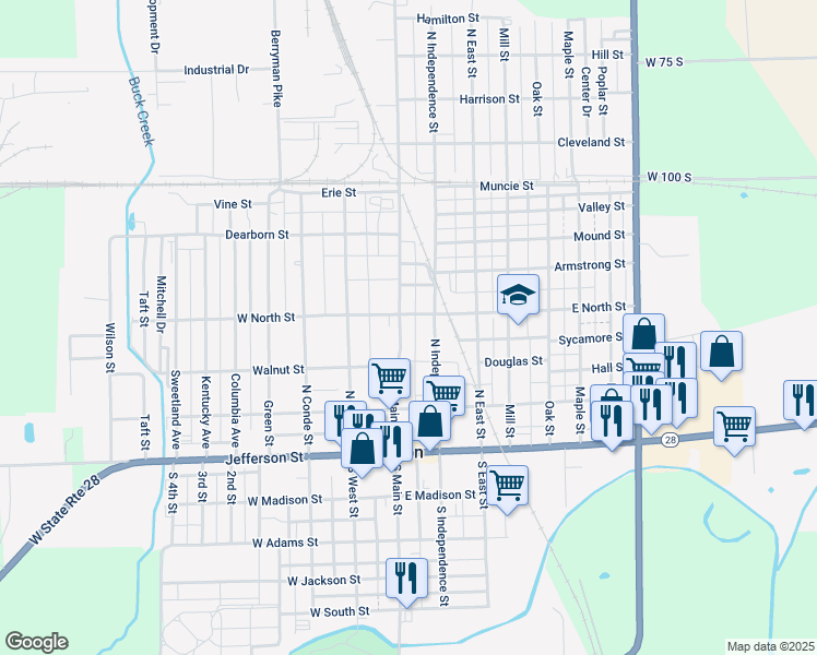 map of restaurants, bars, coffee shops, grocery stores, and more near 316 North Independence Street in Tipton