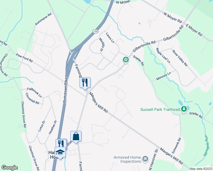 map of restaurants, bars, coffee shops, grocery stores, and more near 1537 Aspen Drive in Pottstown