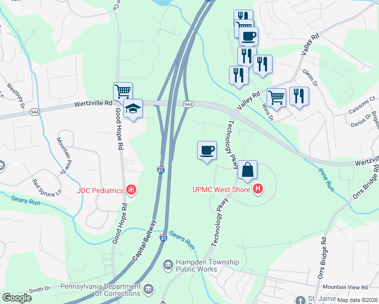 map of restaurants, bars, coffee shops, grocery stores, and more near 2020 Technology Parkway in Mechanicsburg