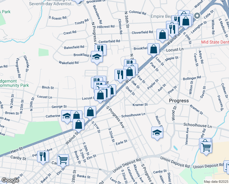 map of restaurants, bars, coffee shops, grocery stores, and more near 3416 Walnut Street in Harrisburg
