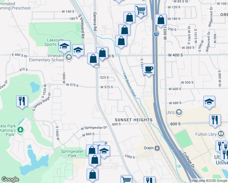 map of restaurants, bars, coffee shops, grocery stores, and more near 1508 West 610 South in Orem
