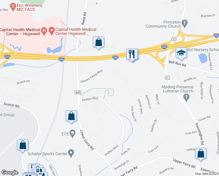 map of restaurants, bars, coffee shops, grocery stores, and more near 725 Timberlake Drive in Trenton