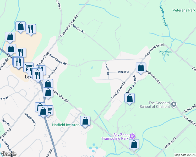 map of restaurants, bars, coffee shops, grocery stores, and more near 378 Village Way in Chalfont