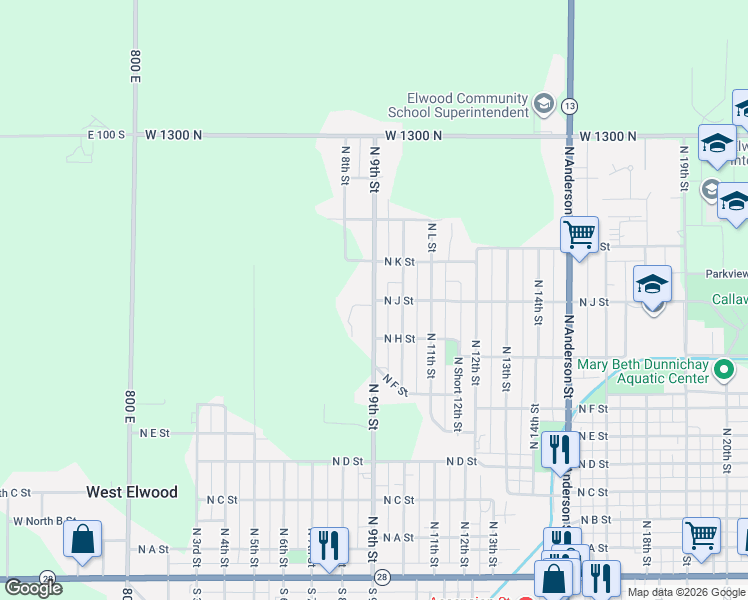map of restaurants, bars, coffee shops, grocery stores, and more near 924 North 10th Street in Elwood