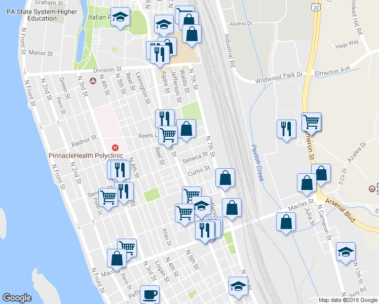 map of restaurants, bars, coffee shops, grocery stores, and more near 2418 Jefferson Street in Harrisburg