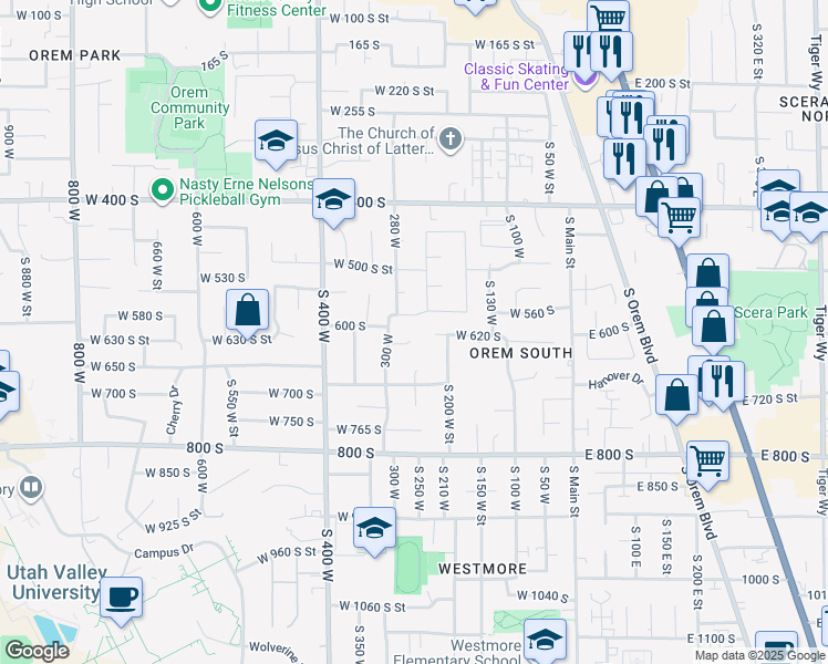 map of restaurants, bars, coffee shops, grocery stores, and more near 268 West 630 South in Orem