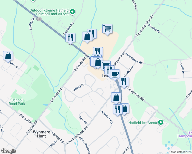 map of restaurants, bars, coffee shops, grocery stores, and more near 1307 Needham Circle in Hatfield