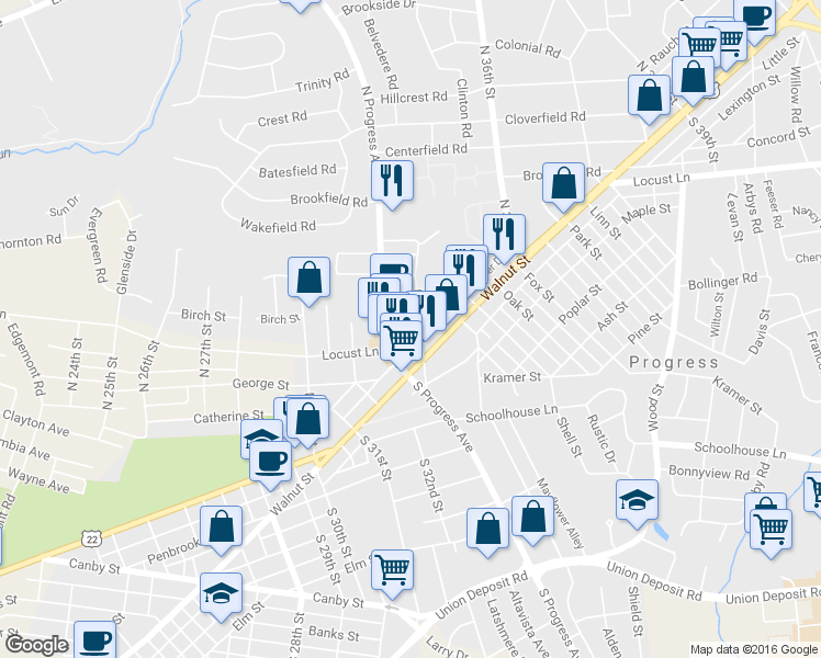 map of restaurants, bars, coffee shops, grocery stores, and more near 30 North 34th Street in Harrisburg