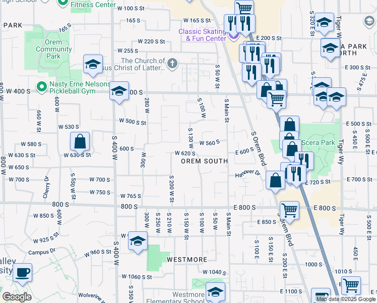 map of restaurants, bars, coffee shops, grocery stores, and more near 636 South 130 West in Orem