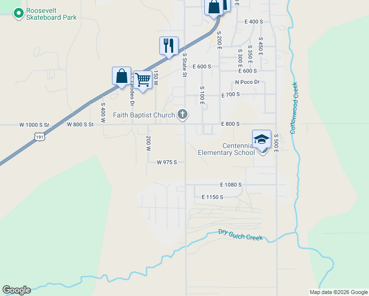 map of restaurants, bars, coffee shops, grocery stores, and more near 40 West 975 South in Roosevelt