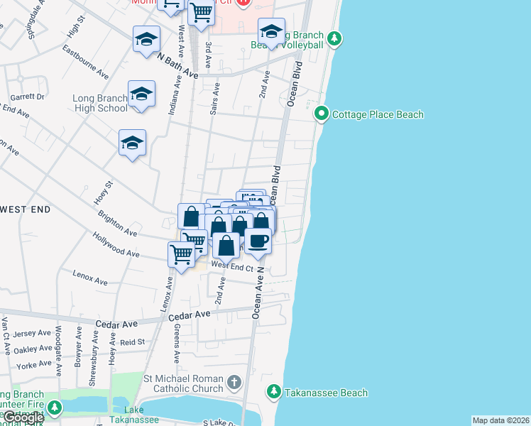 map of restaurants, bars, coffee shops, grocery stores, and more near 554 Ocean Boulevard in Long Branch