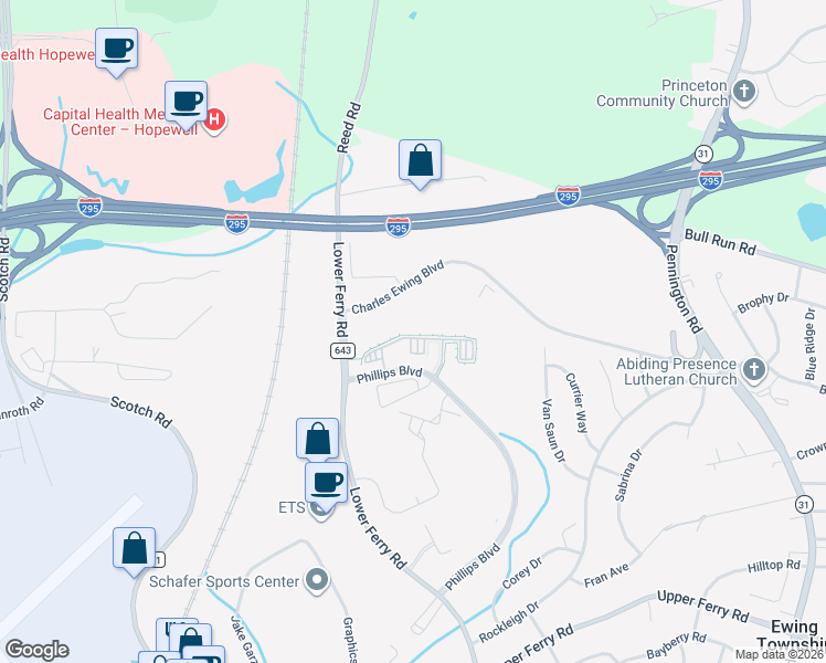 map of restaurants, bars, coffee shops, grocery stores, and more near 322 Timberlake Drive in Ewing Township