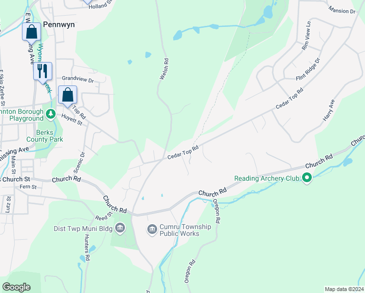 map of restaurants, bars, coffee shops, grocery stores, and more near 1698 Cedar Top Road in Reading