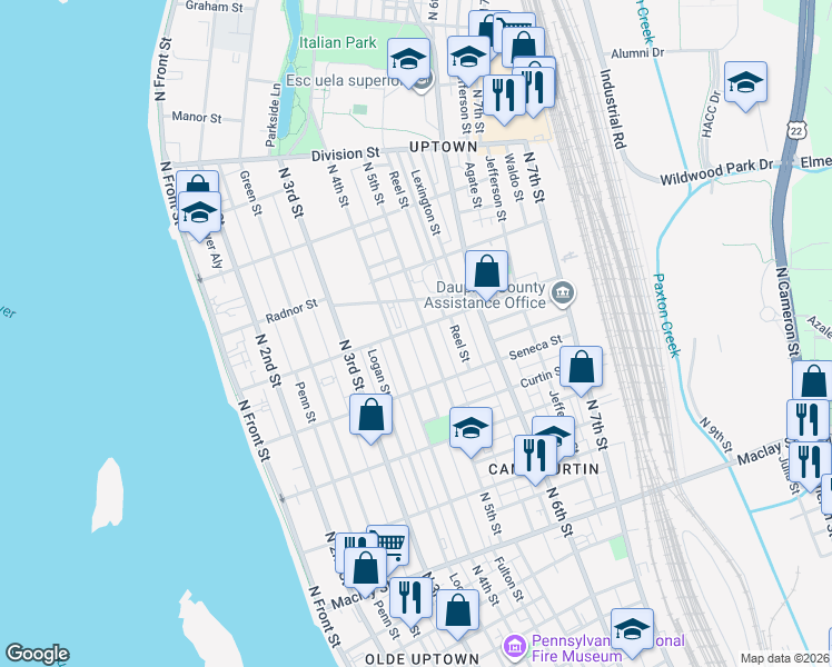 map of restaurants, bars, coffee shops, grocery stores, and more near 2424 Atlas Street in Harrisburg