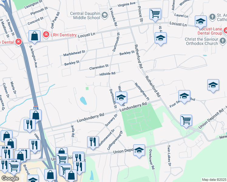 map of restaurants, bars, coffee shops, grocery stores, and more near 579 Dartmouth Street in Harrisburg