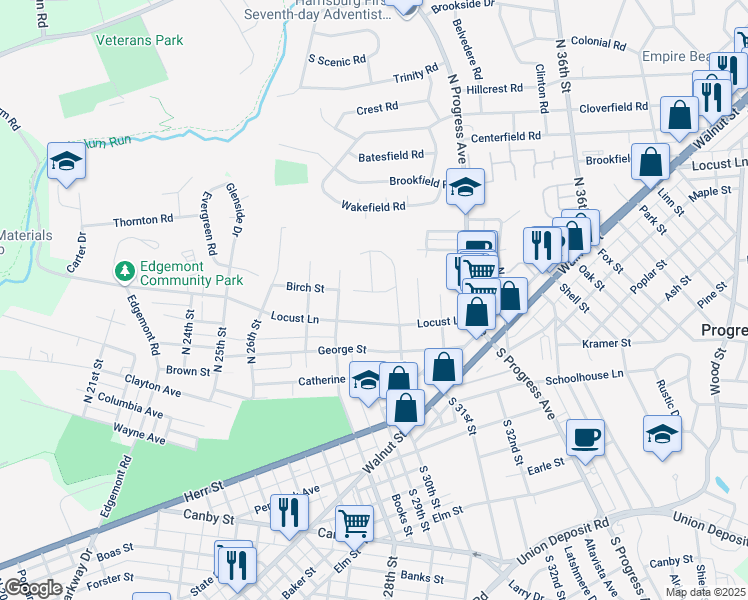 map of restaurants, bars, coffee shops, grocery stores, and more near 2923 Birch Street in Harrisburg