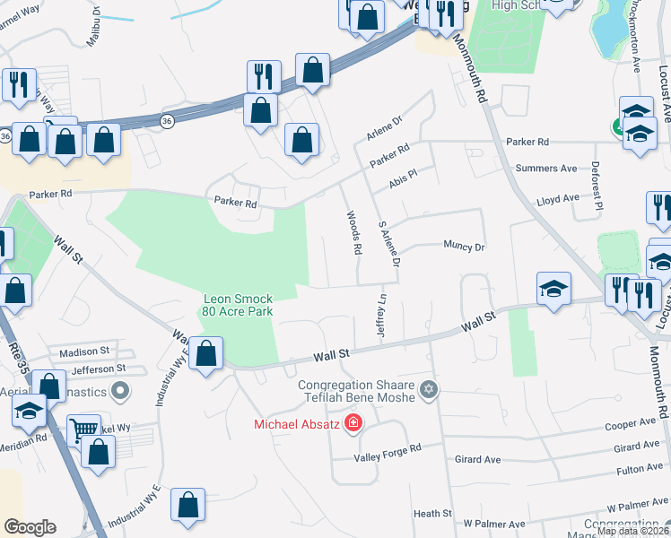 map of restaurants, bars, coffee shops, grocery stores, and more near 2 Marc Road in West Long Branch