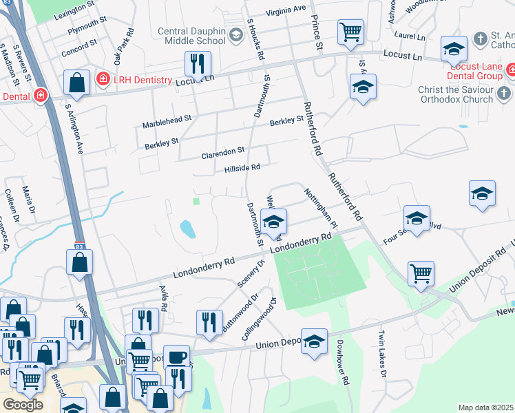 map of restaurants, bars, coffee shops, grocery stores, and more near 579 Dartmouth Street in Harrisburg