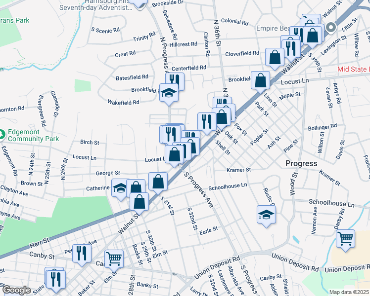 map of restaurants, bars, coffee shops, grocery stores, and more near 30 North 34th Street in Harrisburg