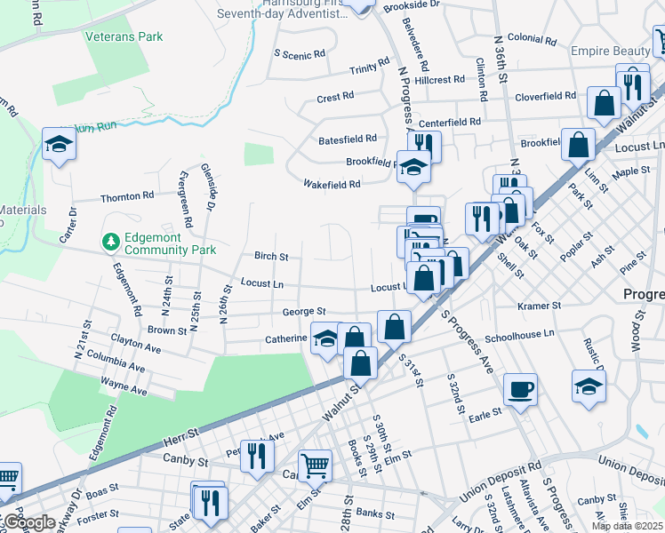 map of restaurants, bars, coffee shops, grocery stores, and more near 2923 Birch Street in Harrisburg