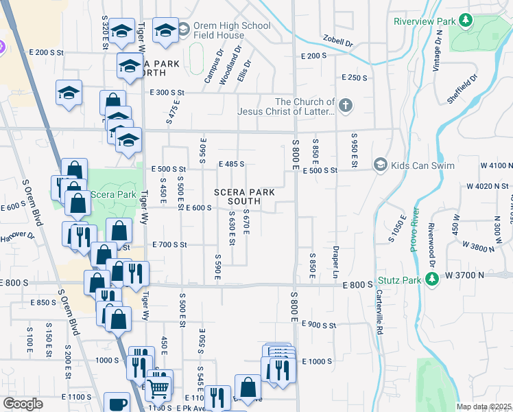 map of restaurants, bars, coffee shops, grocery stores, and more near 592 South 700 East in Orem