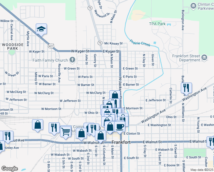 map of restaurants, bars, coffee shops, grocery stores, and more near 208 W Mcclurg St in Frankfort