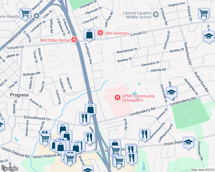 map of restaurants, bars, coffee shops, grocery stores, and more near 4211 Sussex Drive in Harrisburg