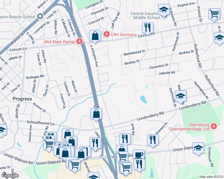 map of restaurants, bars, coffee shops, grocery stores, and more near 4211 Sussex Drive in Harrisburg